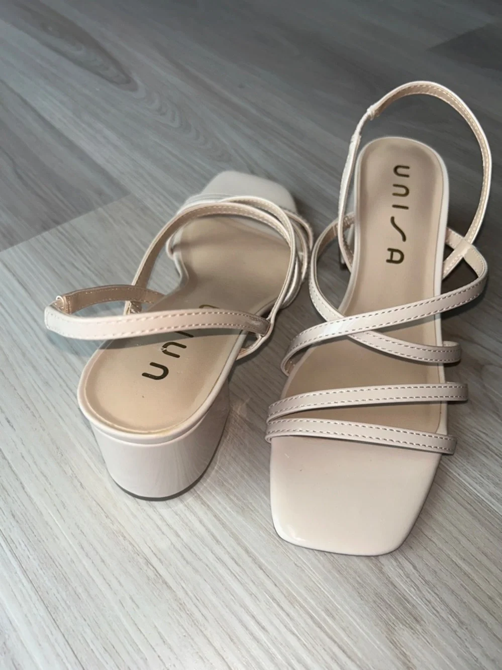 Unisa Strappy Patent Leather Slingback Sandals 7.5 Nude/Beige NWOT Square-Toe